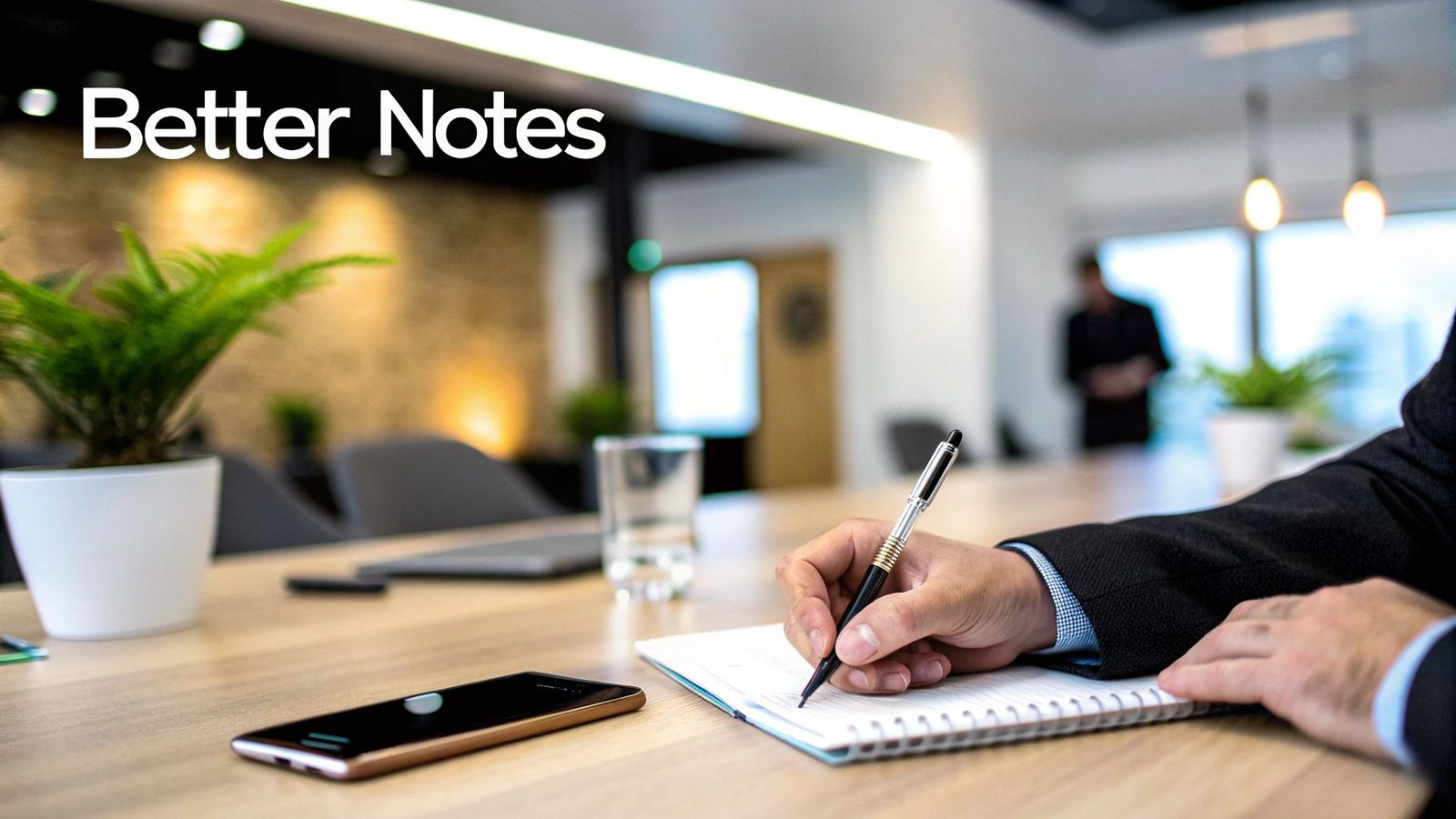 A person in a suit writing notes in a spiral notebook with a pen at an office desk.