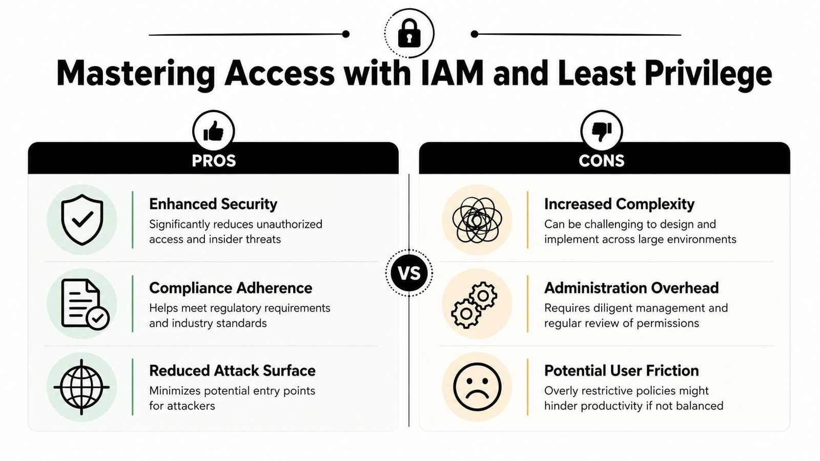 An infographic comparing the pros and cons of using identity and access management for security.