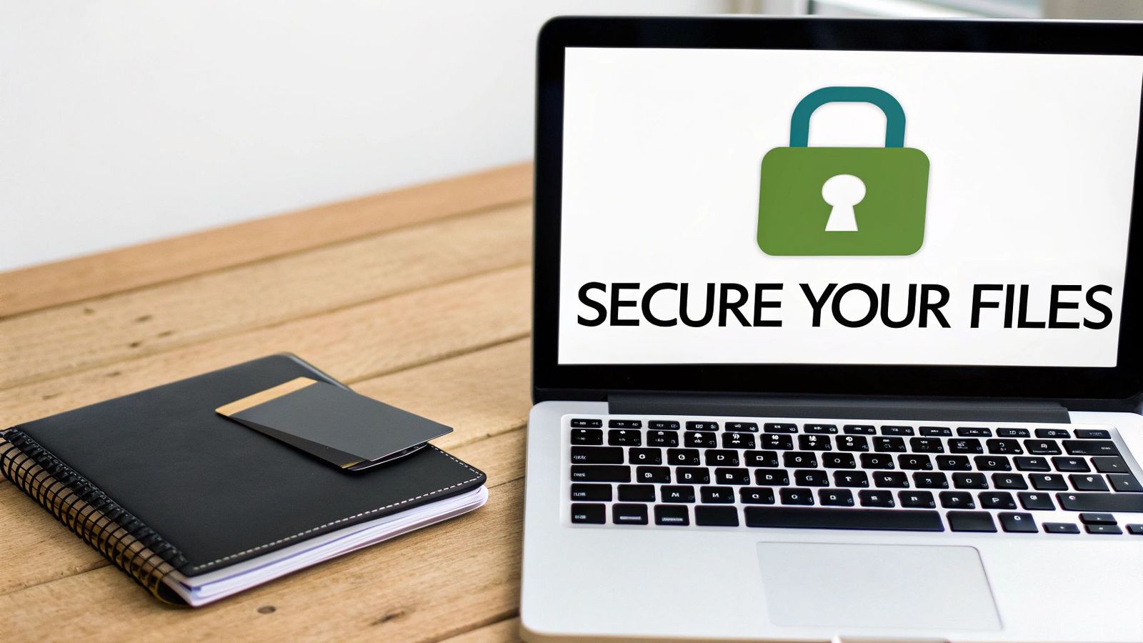 A laptop displaying 'SECURE YOUR FILES' with a padlock icon on its screen, next to a notebook on a wooden desk.