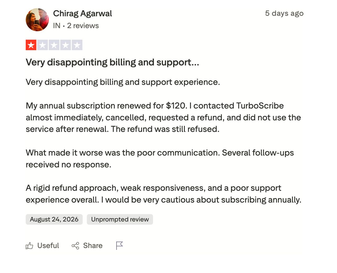 TurboScribe reviews reporting charges after cancelling a subscription