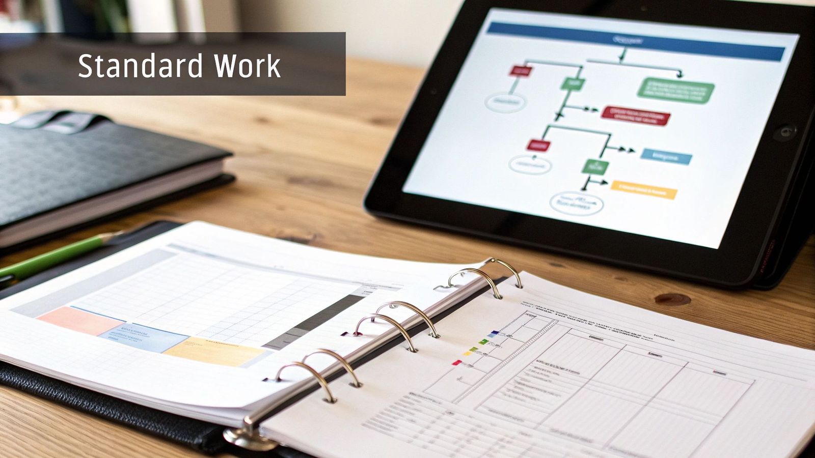 Desk with open binder, charts, pen, tablet displaying a flowchart, and 'Standard Work' text overlay.