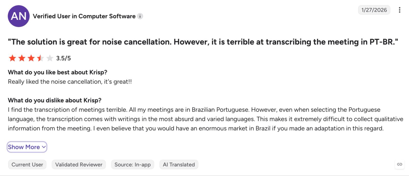 Krisp G2 review on Portuguese transcription
