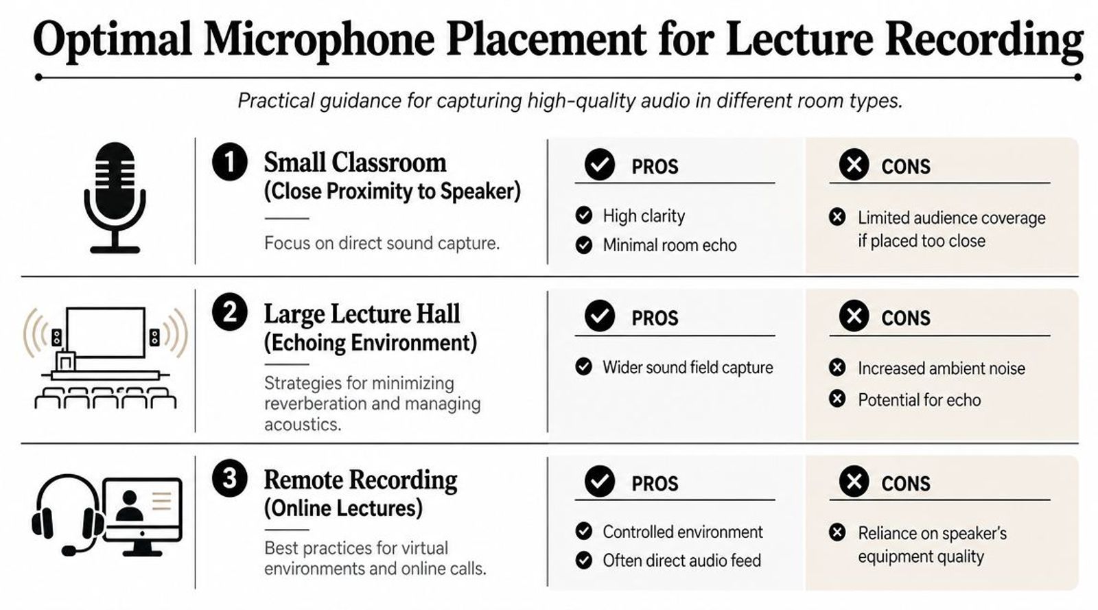 A visual guide illustrating optimal microphone placement techniques for recording lectures in various classroom and remote environments.