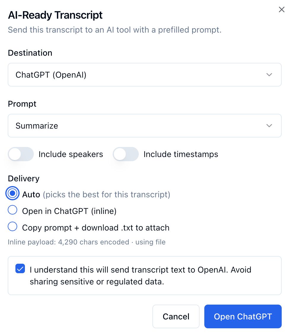 WhisperAI AI-Ready Transcript panel