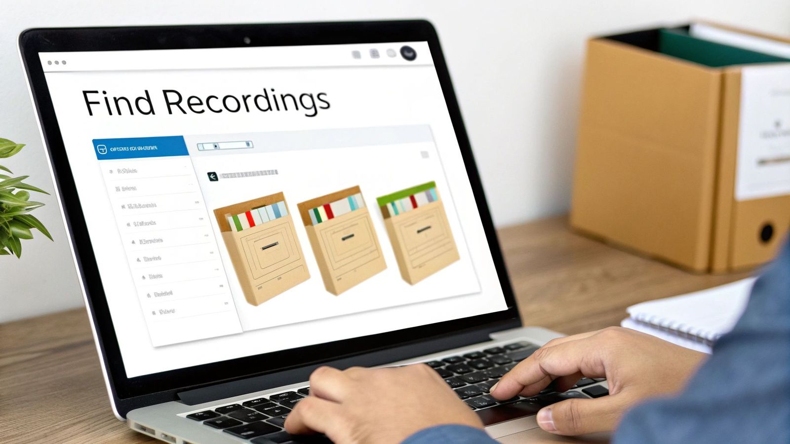 Person typing on a laptop displaying a 'Find Recordings' screen with folders on a desk.