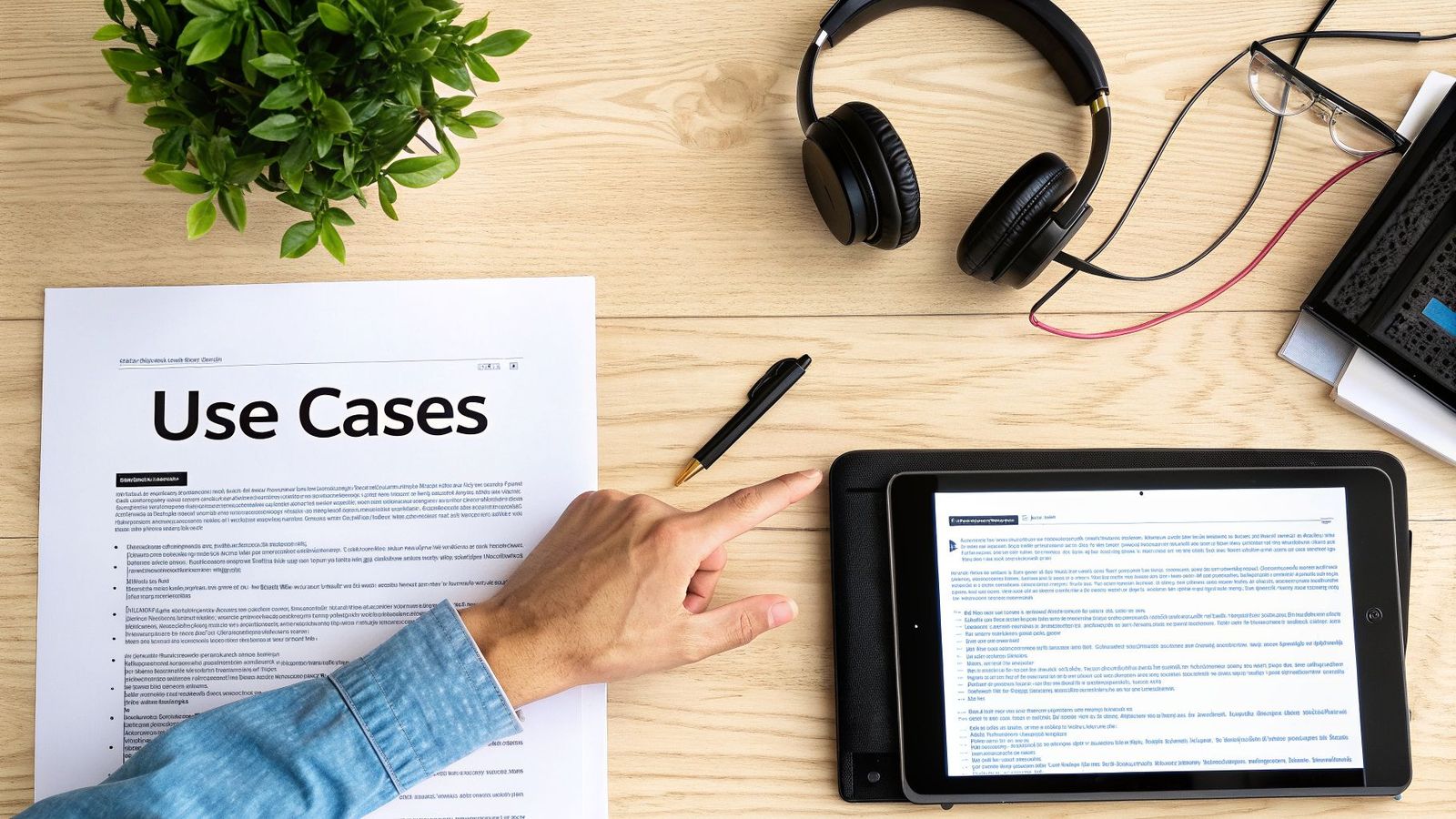 Flat lay of a person's hand pointing at a tablet on a wooden desk with a 'Use Cases' document, headphones, and glasses.