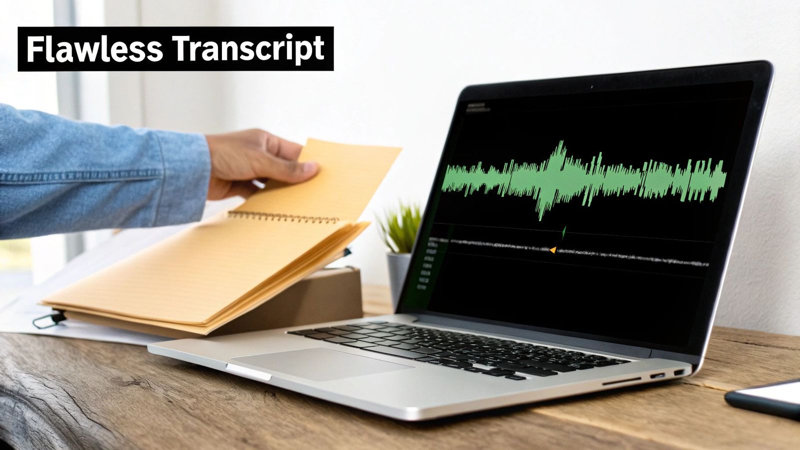 A hand with a notebook near a laptop showing an audio waveform and 'Flawless Transcript'.