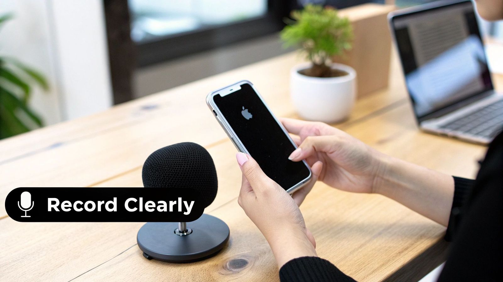 Person holding an iPhone with the Apple logo next to a microphone on a wooden desk with a 'Record Clearly' label.