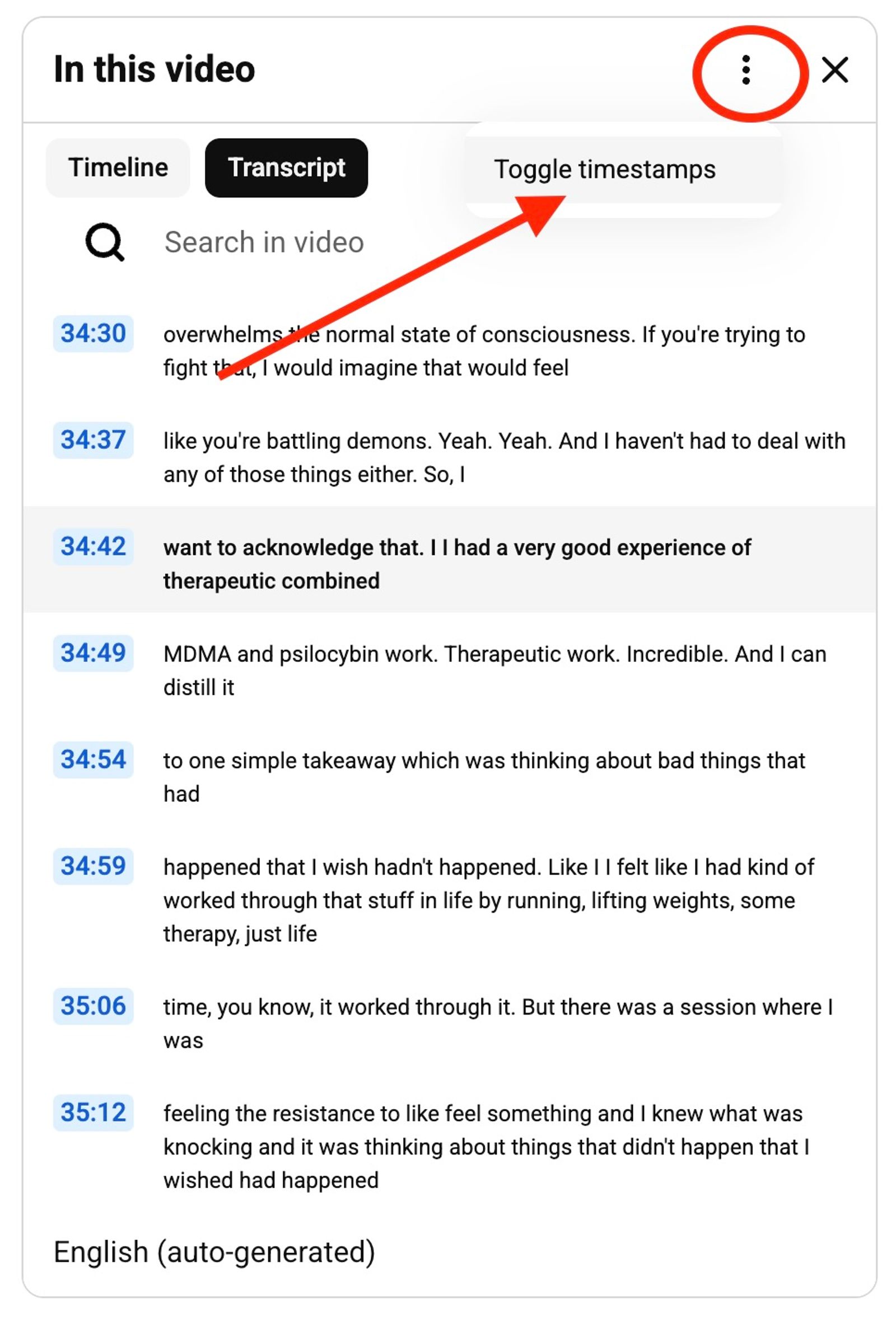 Toggle timestamps off or on in a YouTube transcript