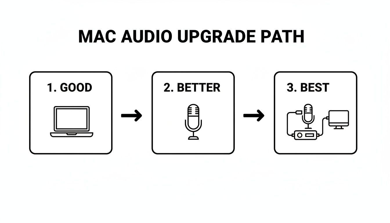 Diagram showing a Mac audio upgrade path from good (laptop) to better (external microphone) to best (mic with audio interface).