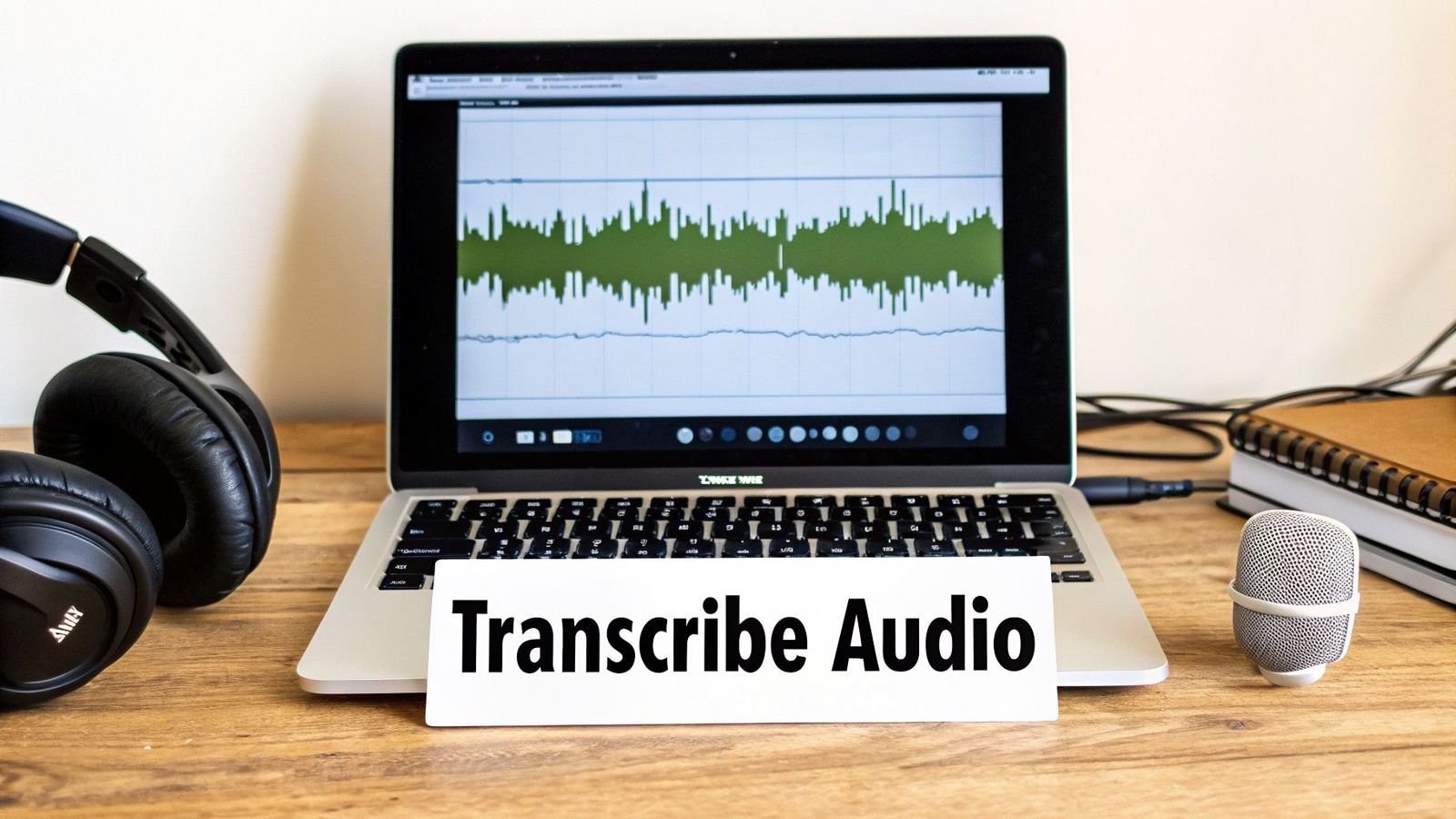 A laptop displaying an audio waveform, headphones, microphone, and a 'Transcribe Audio' sign on a wooden desk.
