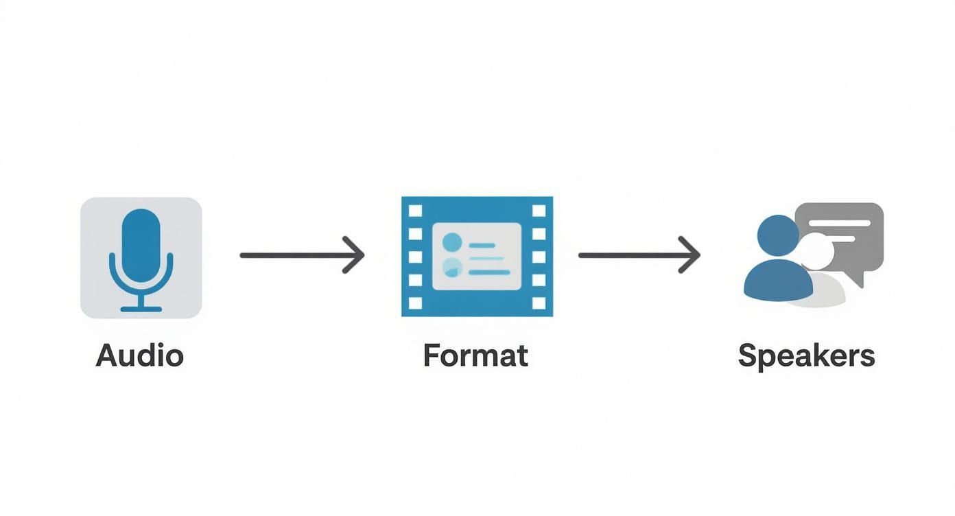 Infographic about video to text converter showing the process flow of preparing a video with icons for audio, format, and speakers.