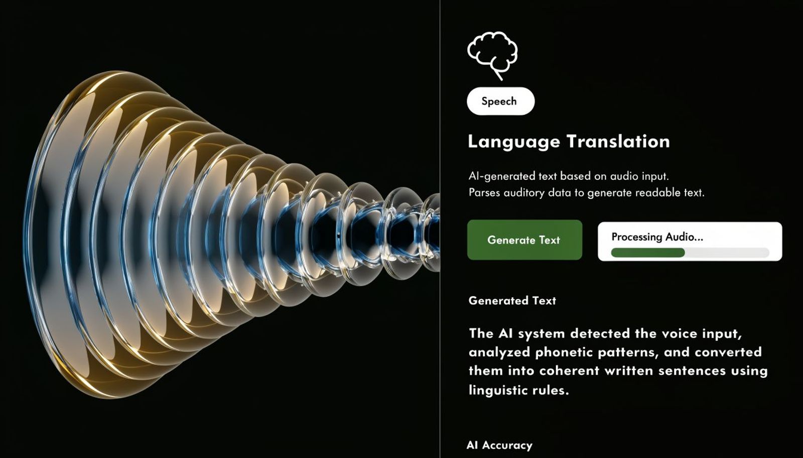 A digital graphic showing a 3D sound wave visualization next to AI speech language translation interface text.