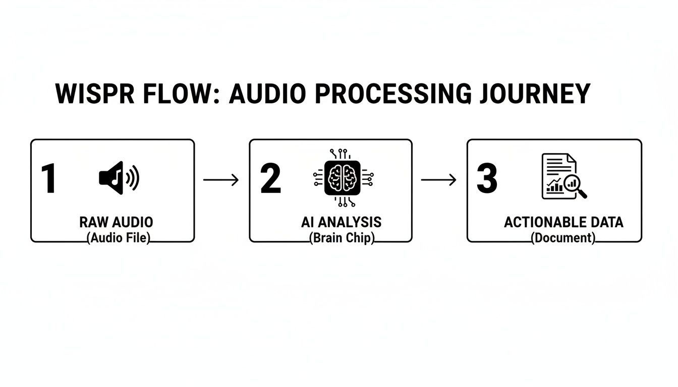 Wispr Flow diagram illustrates the audio processing journey: raw audio, AI analysis, and actionable data.