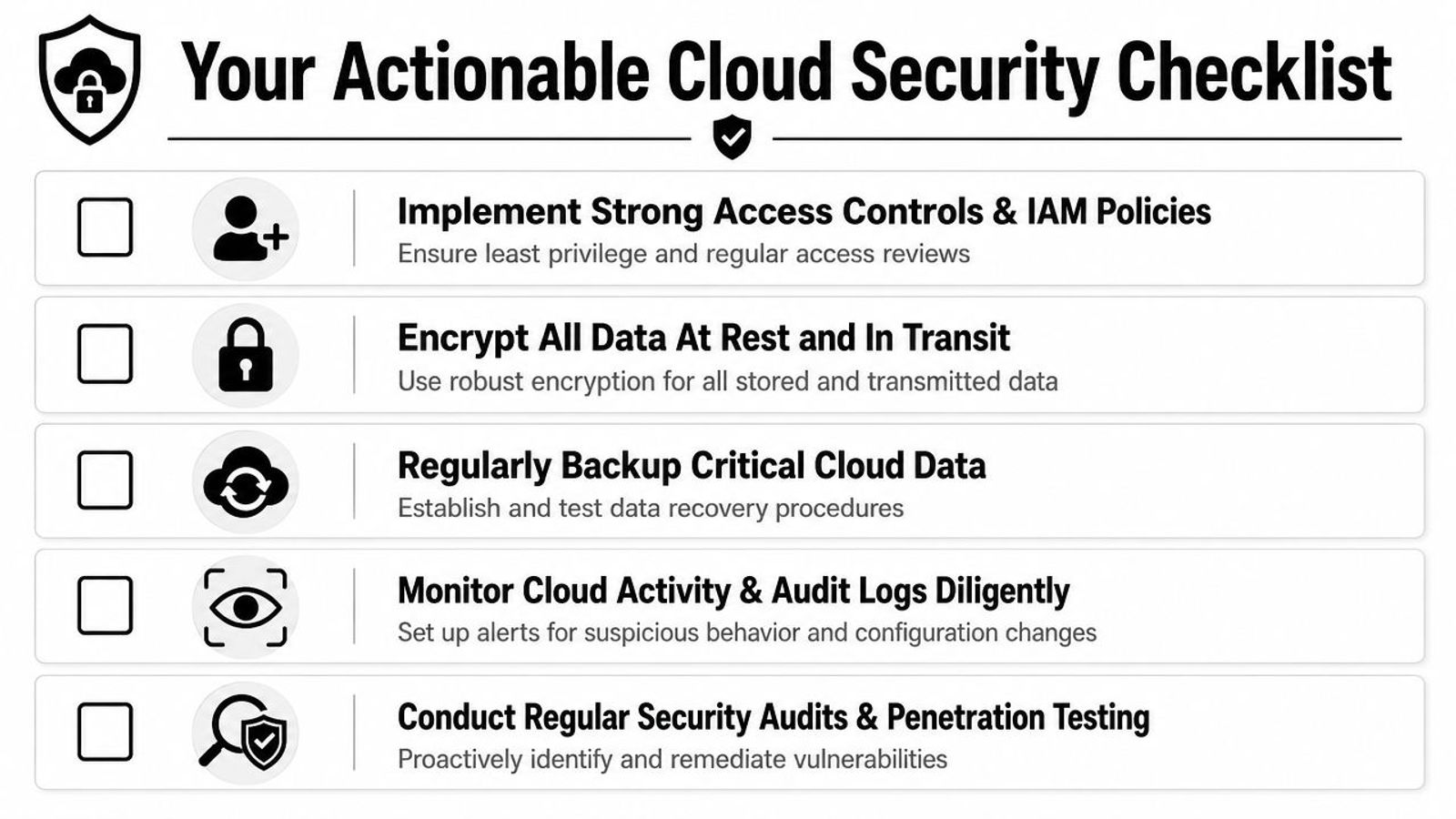 A cloud security checklist infographic featuring five essential steps for securing cloud data and infrastructure.