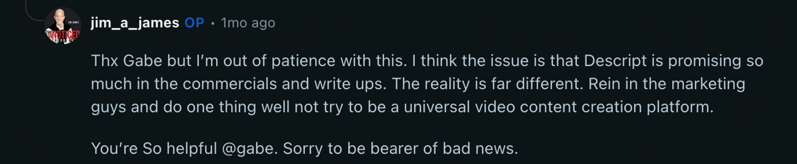 r/Descript - power user complaning on Reddit about Descript