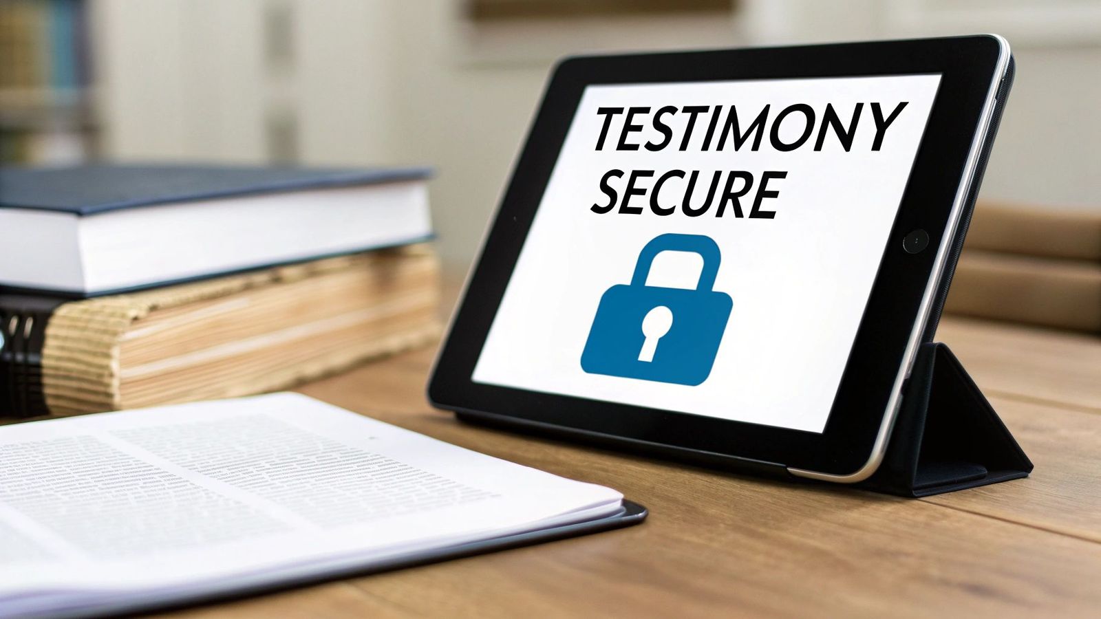 A tablet displaying 'TESTIMONY SECURE' with a padlock icon, alongside legal books and papers on a wooden desk.