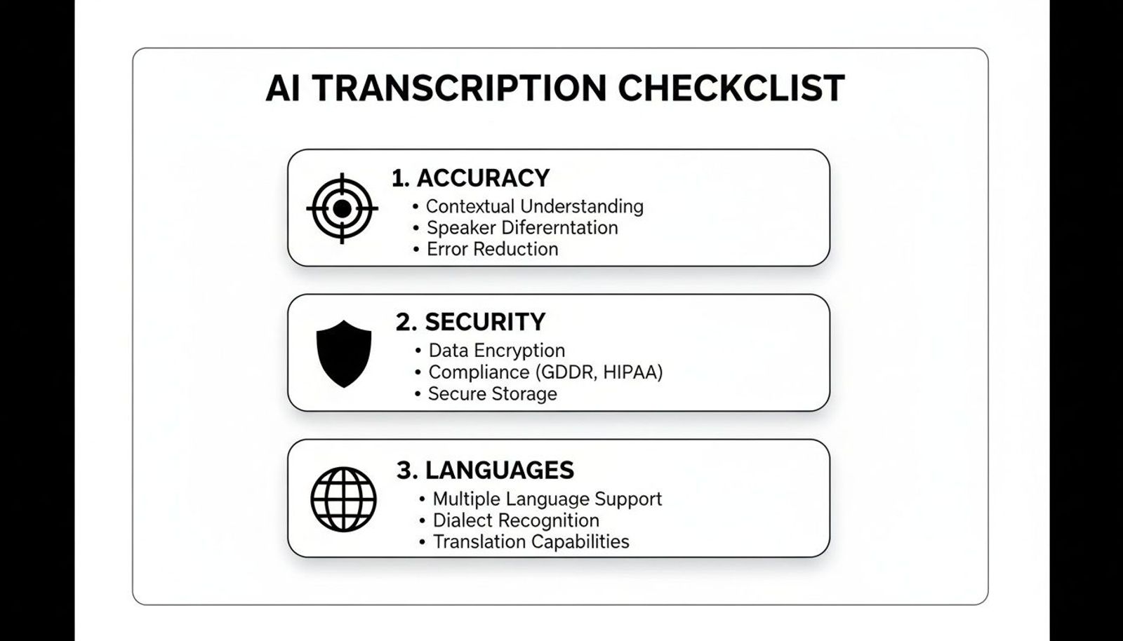 A checklist for AI transcription services, detailing accuracy, security, and language capabilities.