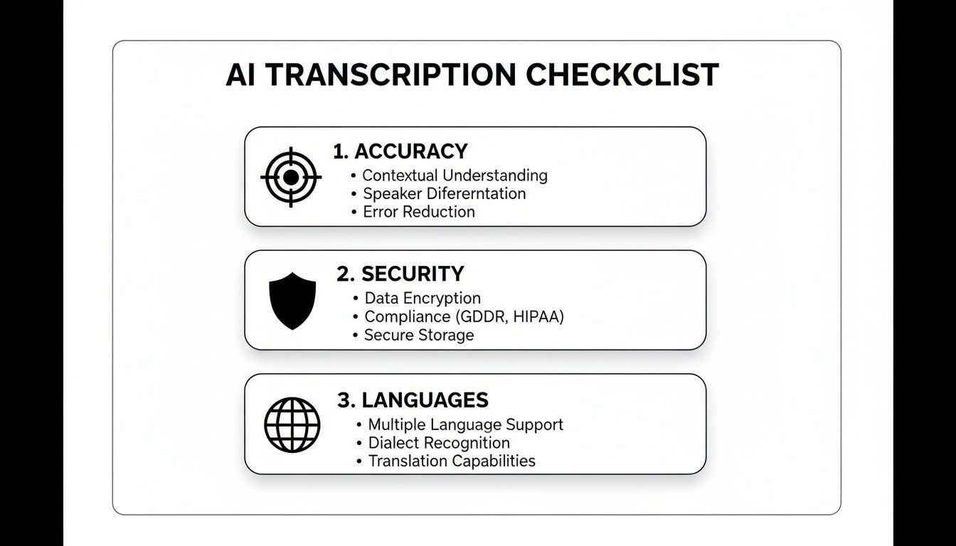 A checklist for AI transcription services, detailing accuracy, security, and language capabilities.