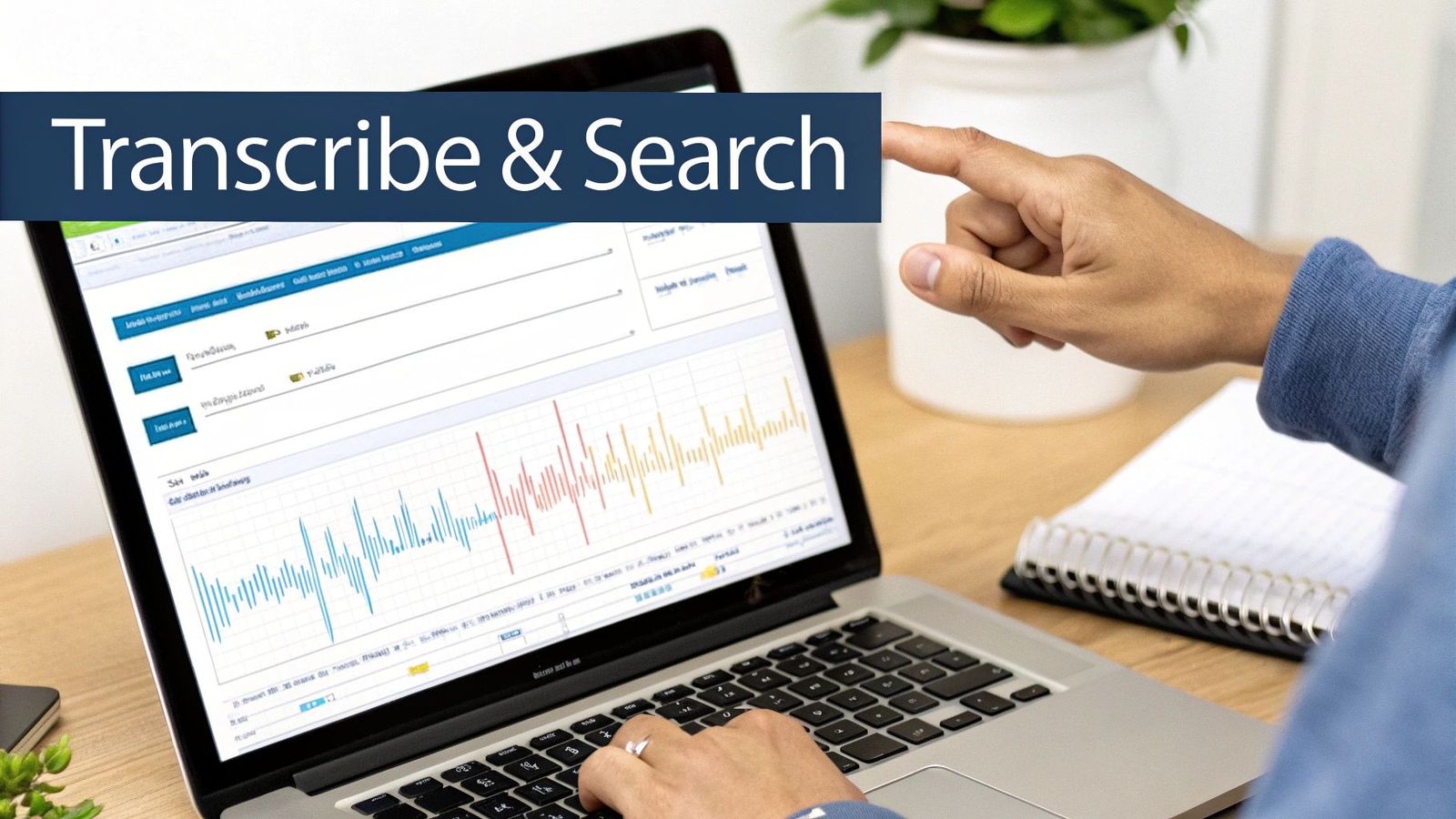 Person using a laptop with data graphs and 'Transcribe & Search' text on screen, pointing at it.