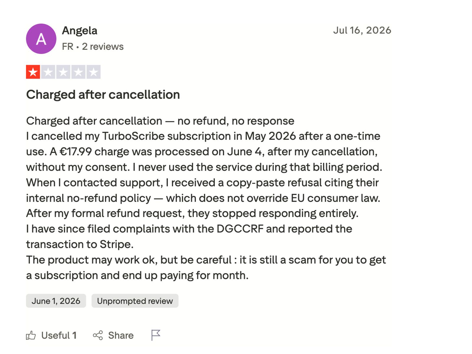 TurboScribe review reporting a charge after cancellation and a complaint filed with the DGCCRF