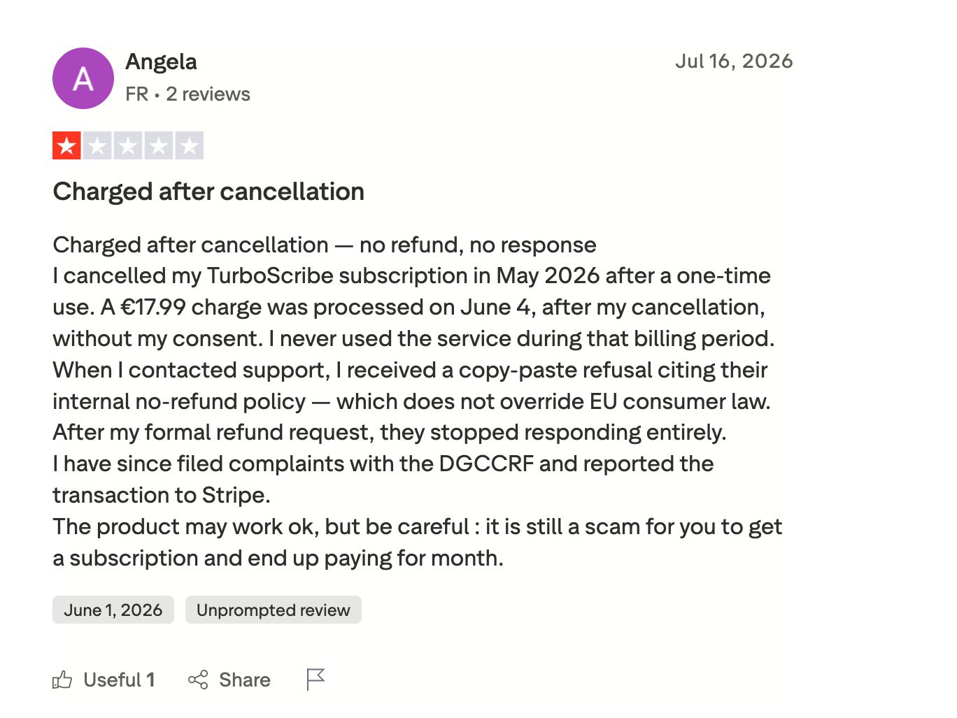 TurboScribe review reporting a charge after cancellation and a complaint filed with the DGCCRF