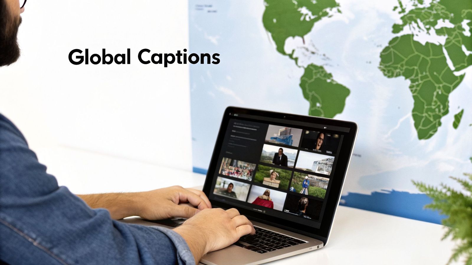 A person types on a laptop displaying various video thumbnails, with 'Global Captions' text and a world map in the background.