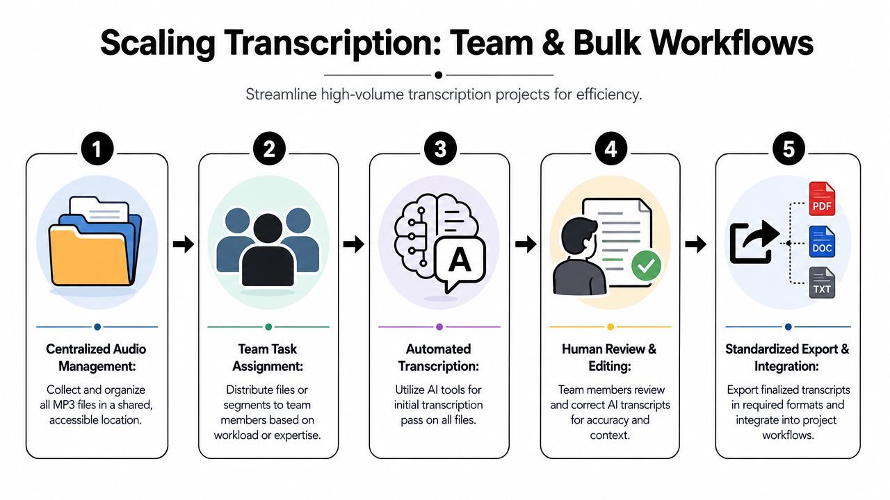 A flowchart showing five steps to scale transcription workflows from centralized management to standardized file exports.
