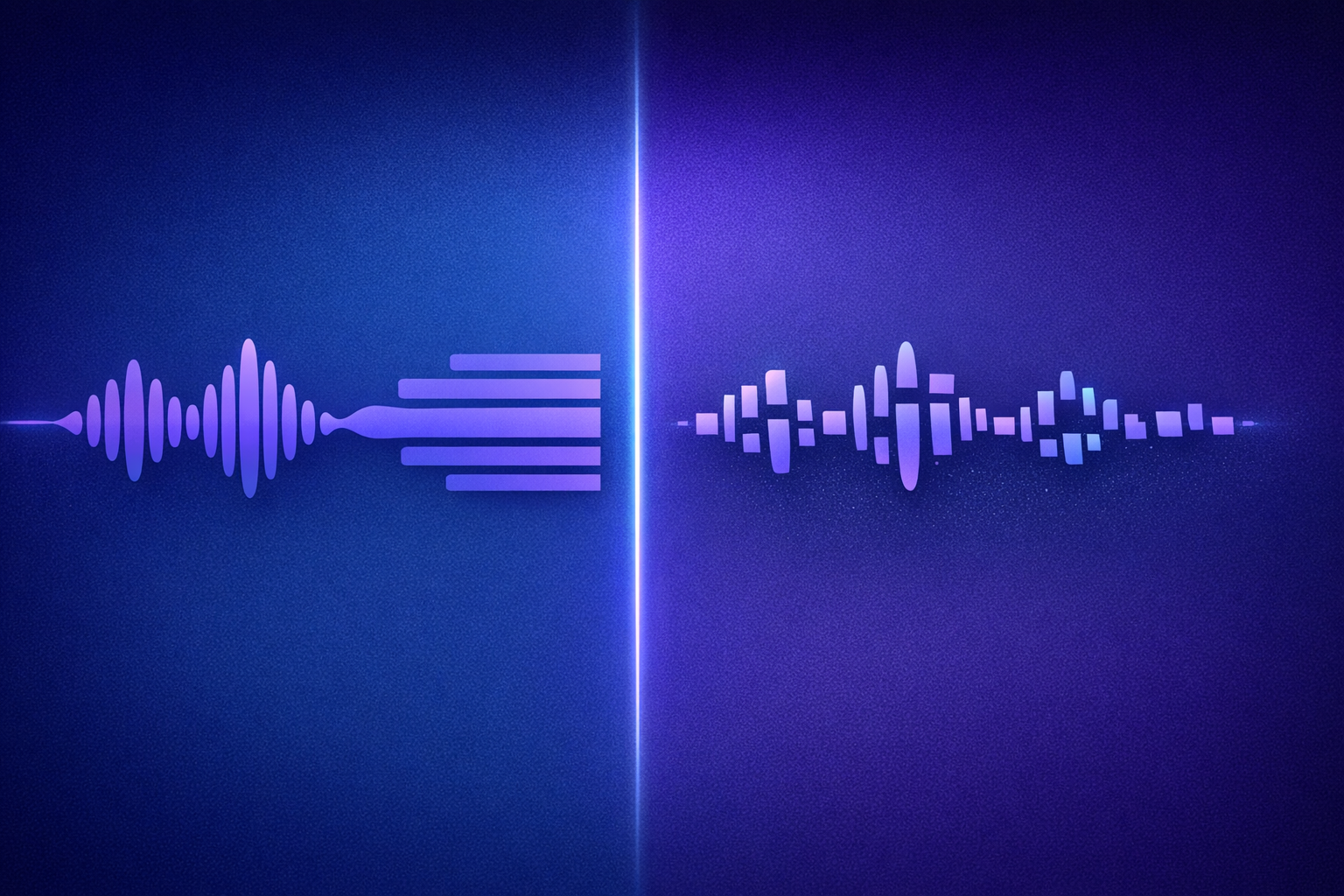 Abstract illustration comparing an unbroken audio waveform flowing into text against a waveform split into disconnected fragments.