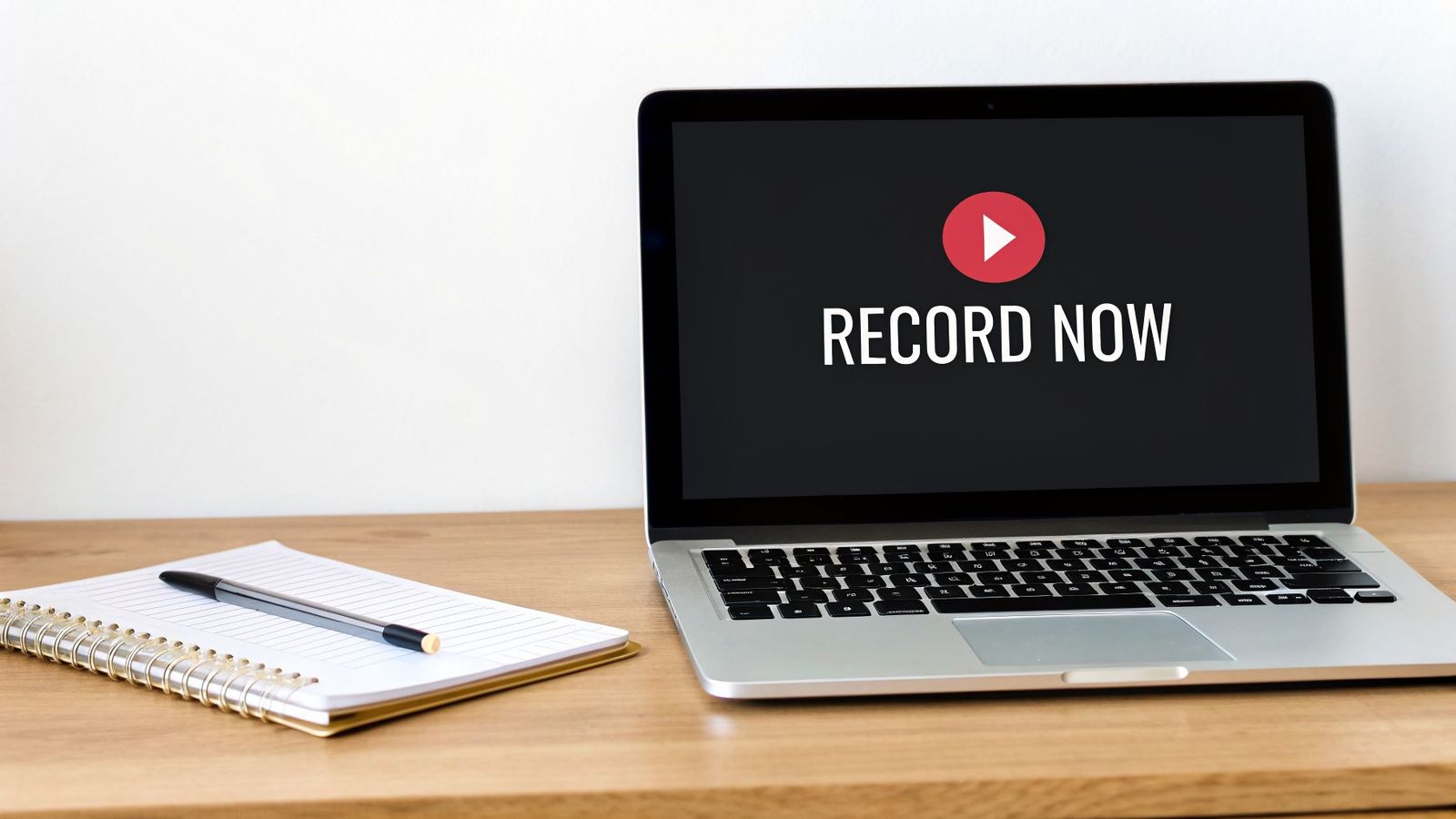 A laptop displays 'RECORD NOW' with a red play icon, next to a notebook and pen on a wooden desk.