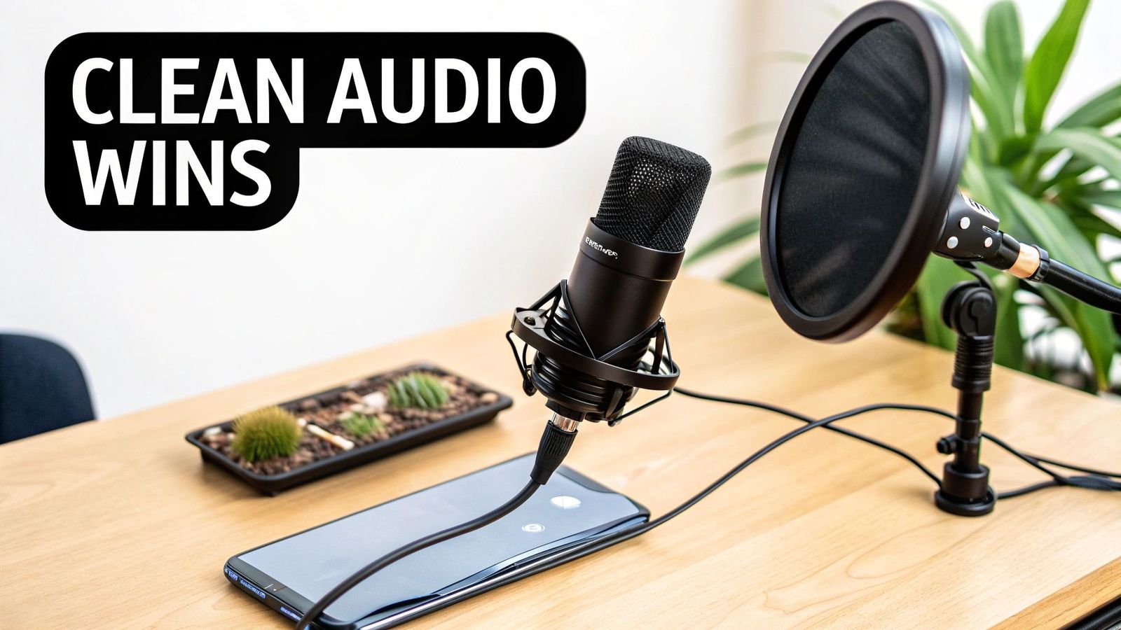 Una persona ajustando un micrófono profesional en un escritorio para grabar audio de alta calidad.