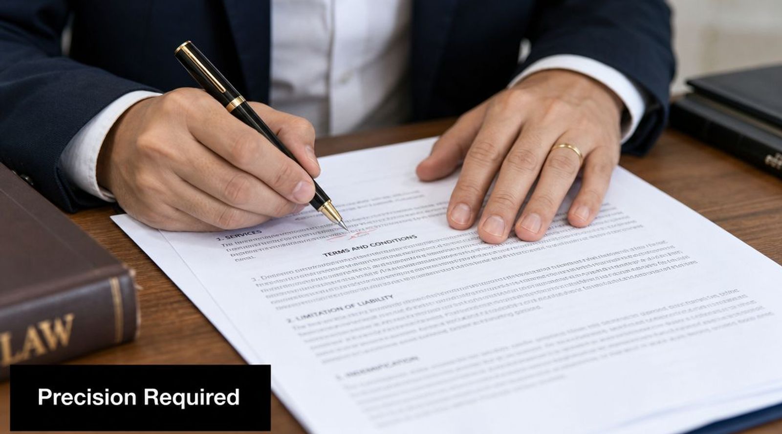 A professional lawyer sitting at a desk reviewing and signing a legal document with a pen.