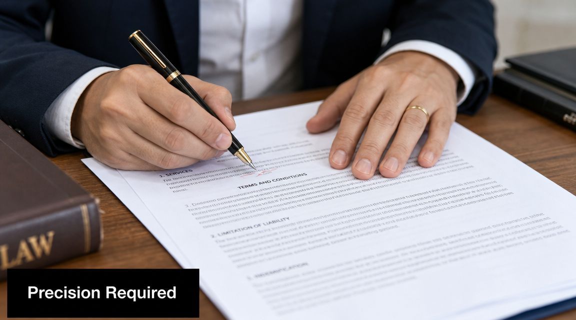 A professional lawyer sitting at a desk reviewing and signing a legal document with a pen.