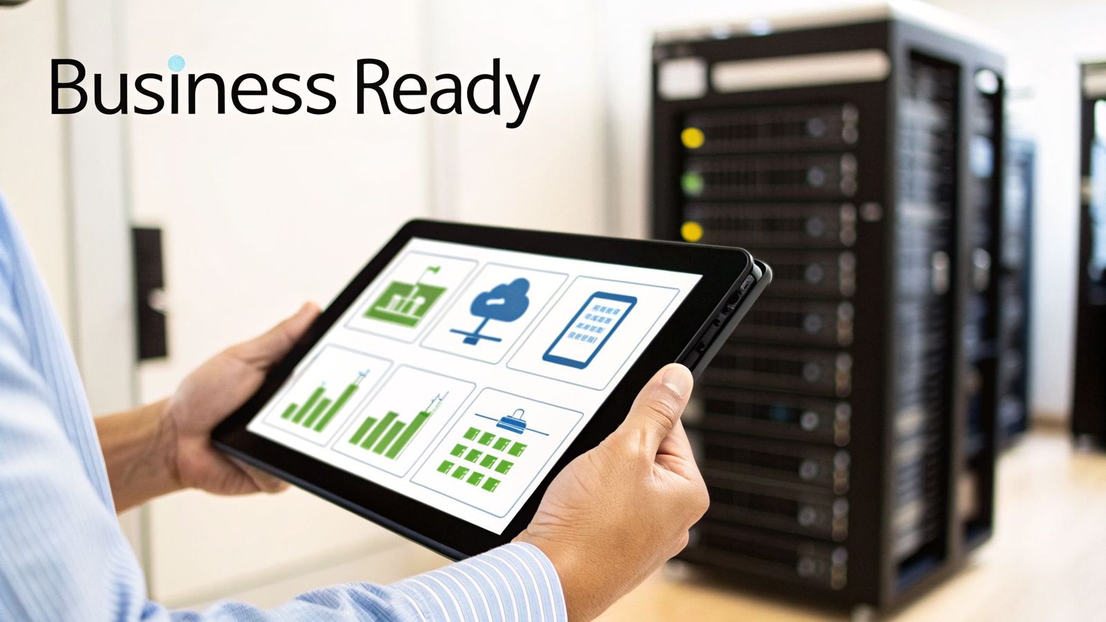 Man viewing data center analytics on a tablet, with server racks in the background, text 'Business Ready'.