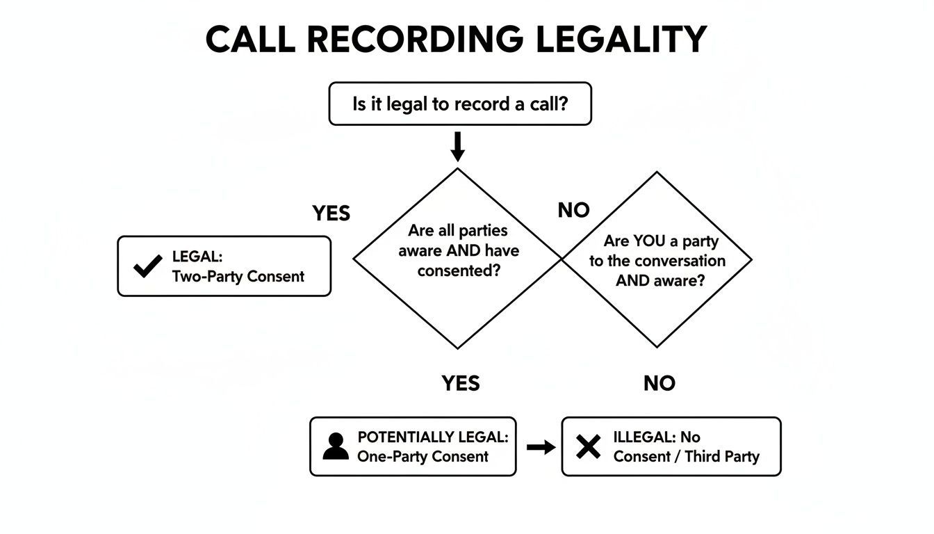 Flowchart detailing call recording legality based on two-party or one-party consent requirements.