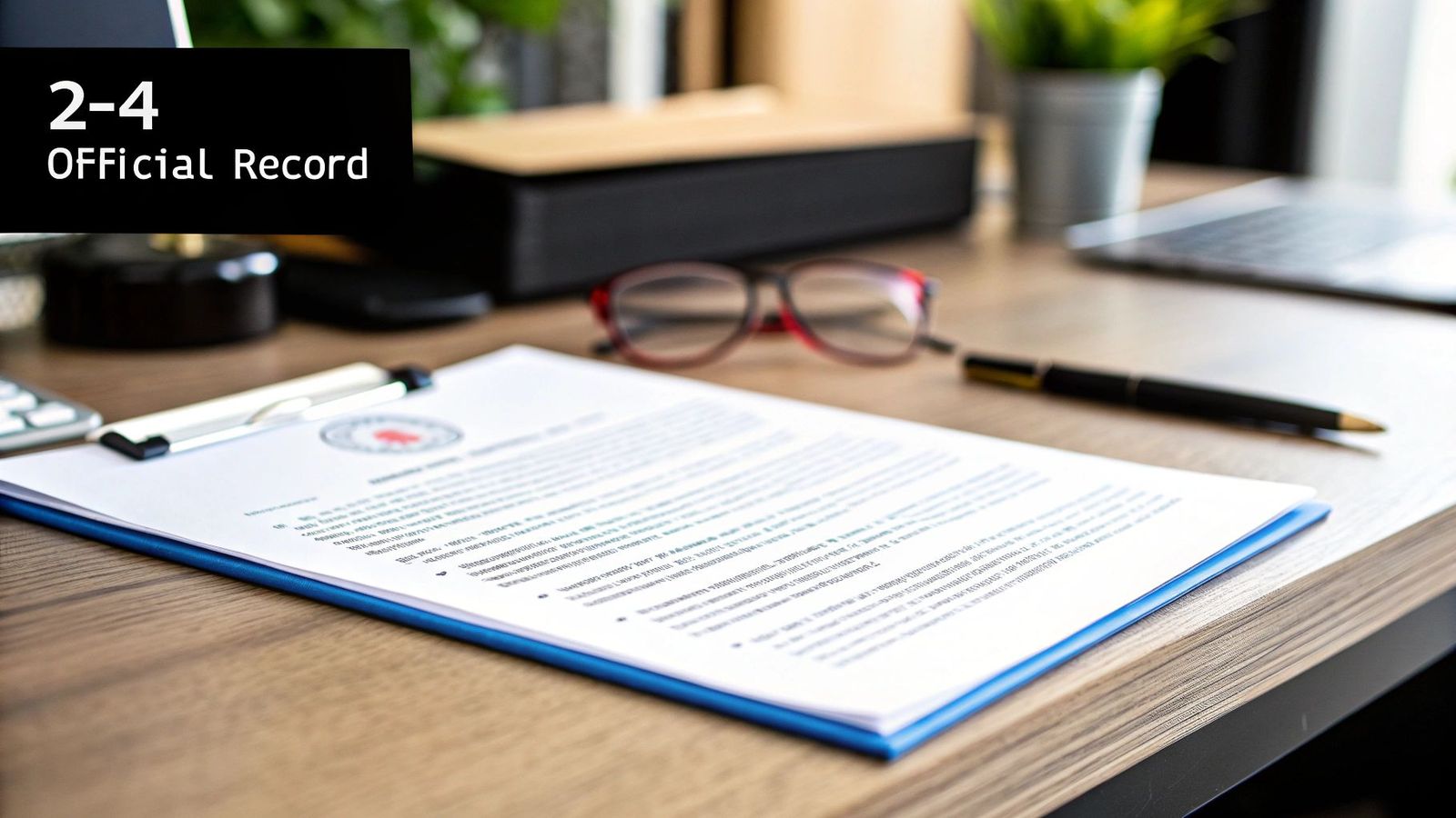 An official record document on a clipboard with a pen and glasses on a wooden desk.