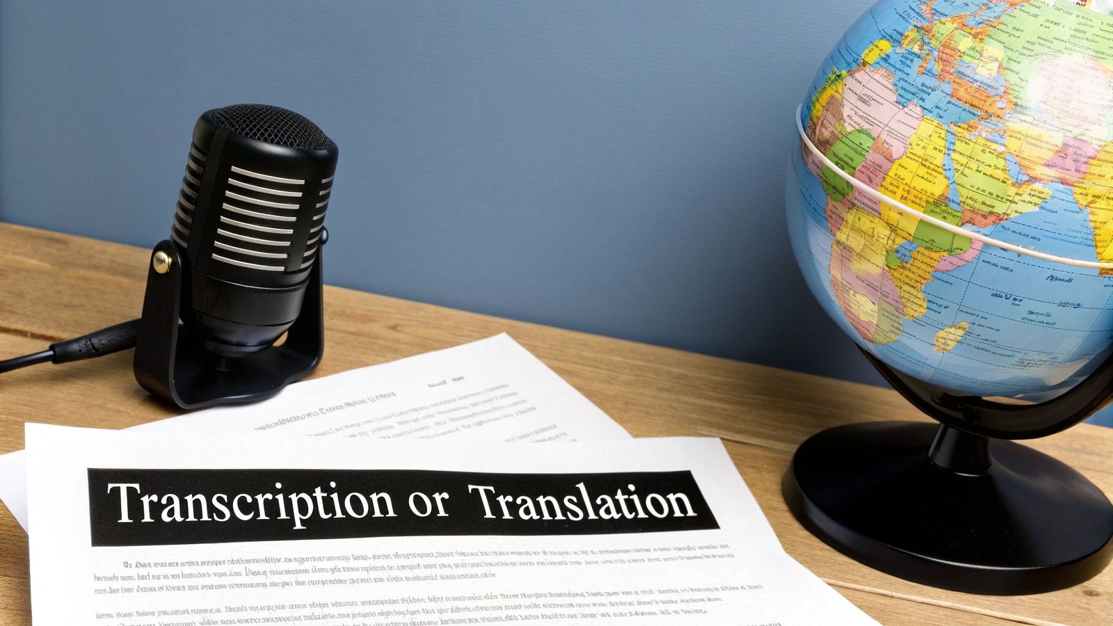 A vintage microphone, world globe, and papers with 'Transcription or Translation' on a wooden desk.