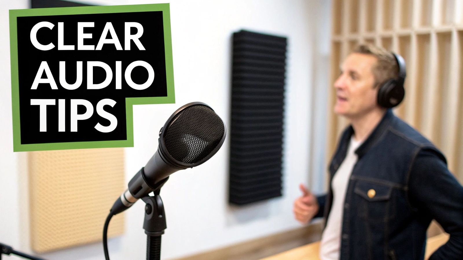 Professional microphone in recording studio with acoustic panels and person wearing headphones recording audio