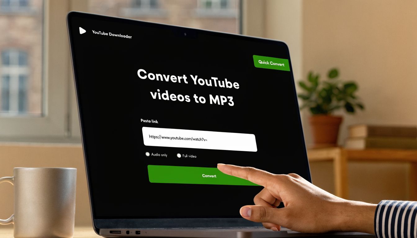 A person clicking the convert button on a website designed for downloading YouTube videos to MP3 files.