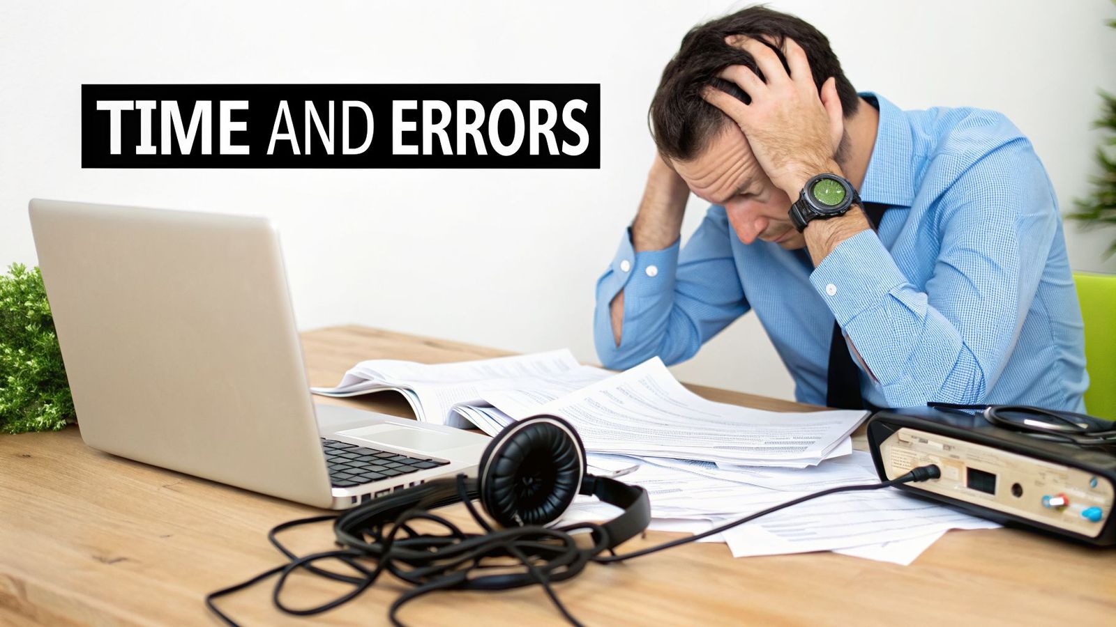A stressed man at a desk, surrounded by papers, a laptop, and headphones, under 'TIME AND ERRORS' text.
