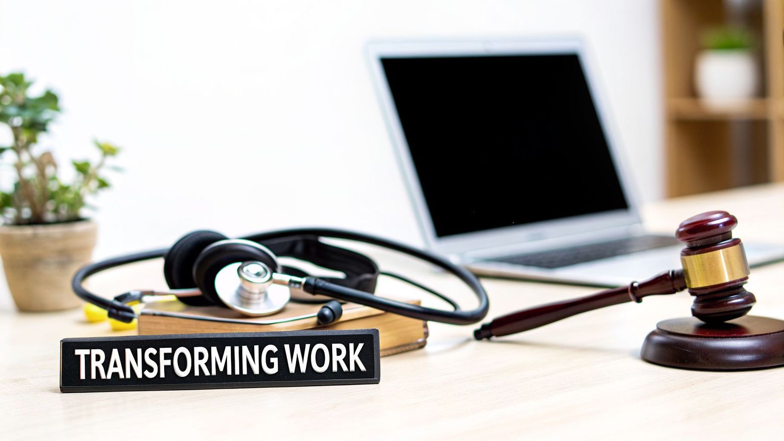 A desk with a 'TRANSFORMING WORK' sign, stethoscope, headphones, laptop, and a gavel.