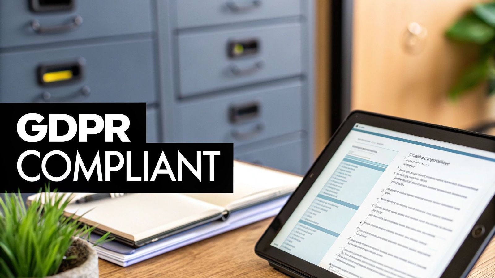 Tablet displaying GDPR compliant document on desk with filing cabinets and notepad in office workspace