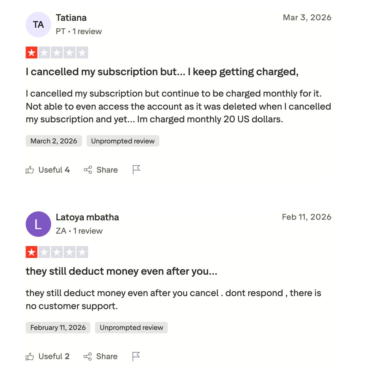 TurboScribe reviews reporting charges after cancelling a subscription