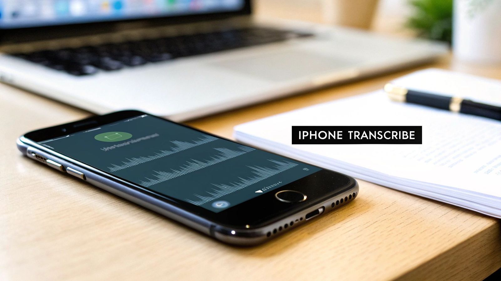 Close-up of an iPhone on a wooden desk running a voice memo transcription app, with a laptop and papers in the background.