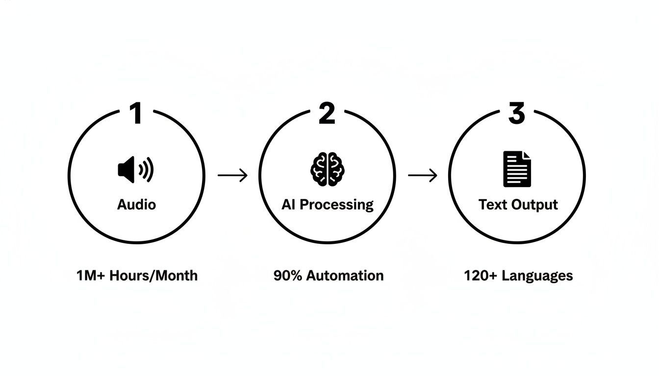 Diagram illustrating the audio to text transcription process, highlighting AI processing and multi-language output.