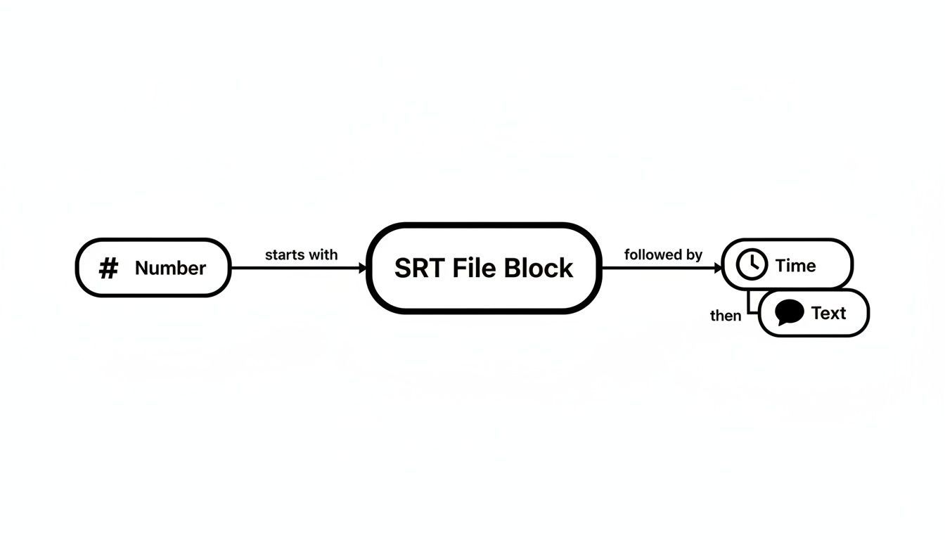 Flowchart showing an SRT file block starts with a number, followed by time, then text.