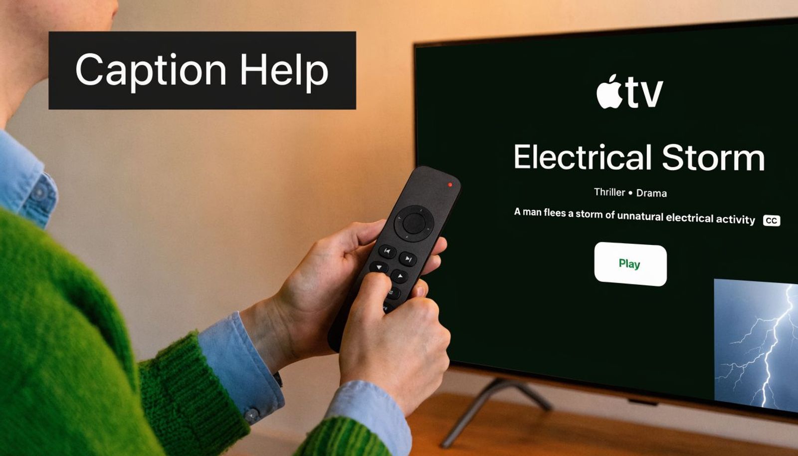 A person using an Apple TV remote to select an option on the television screen interface.