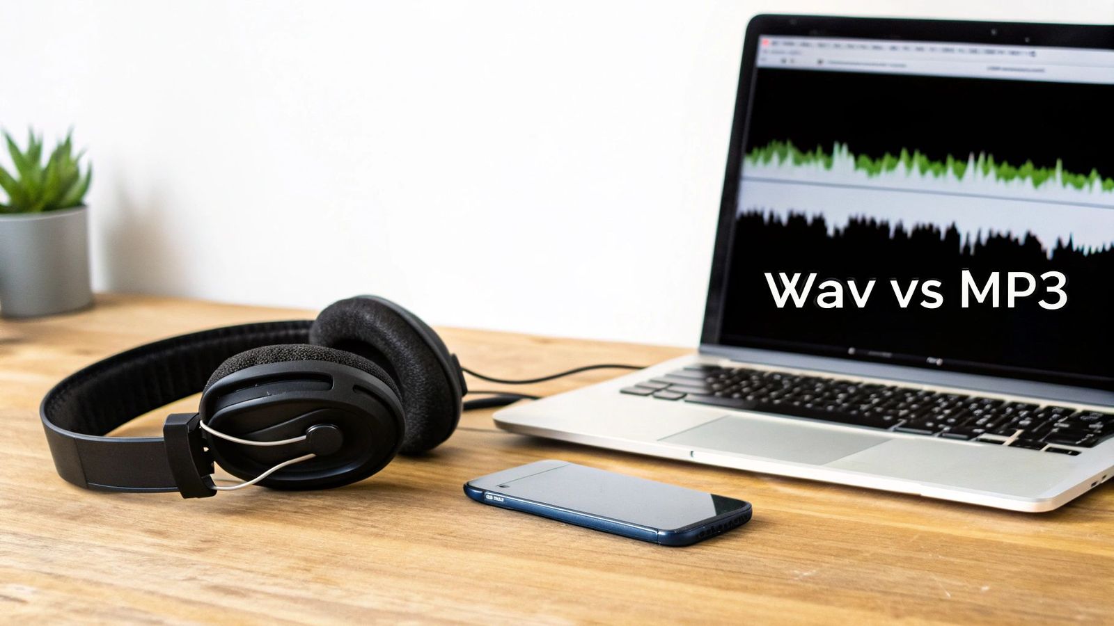 Two audio file icons, one for MP3 and one for WAV, with a versus symbol between them