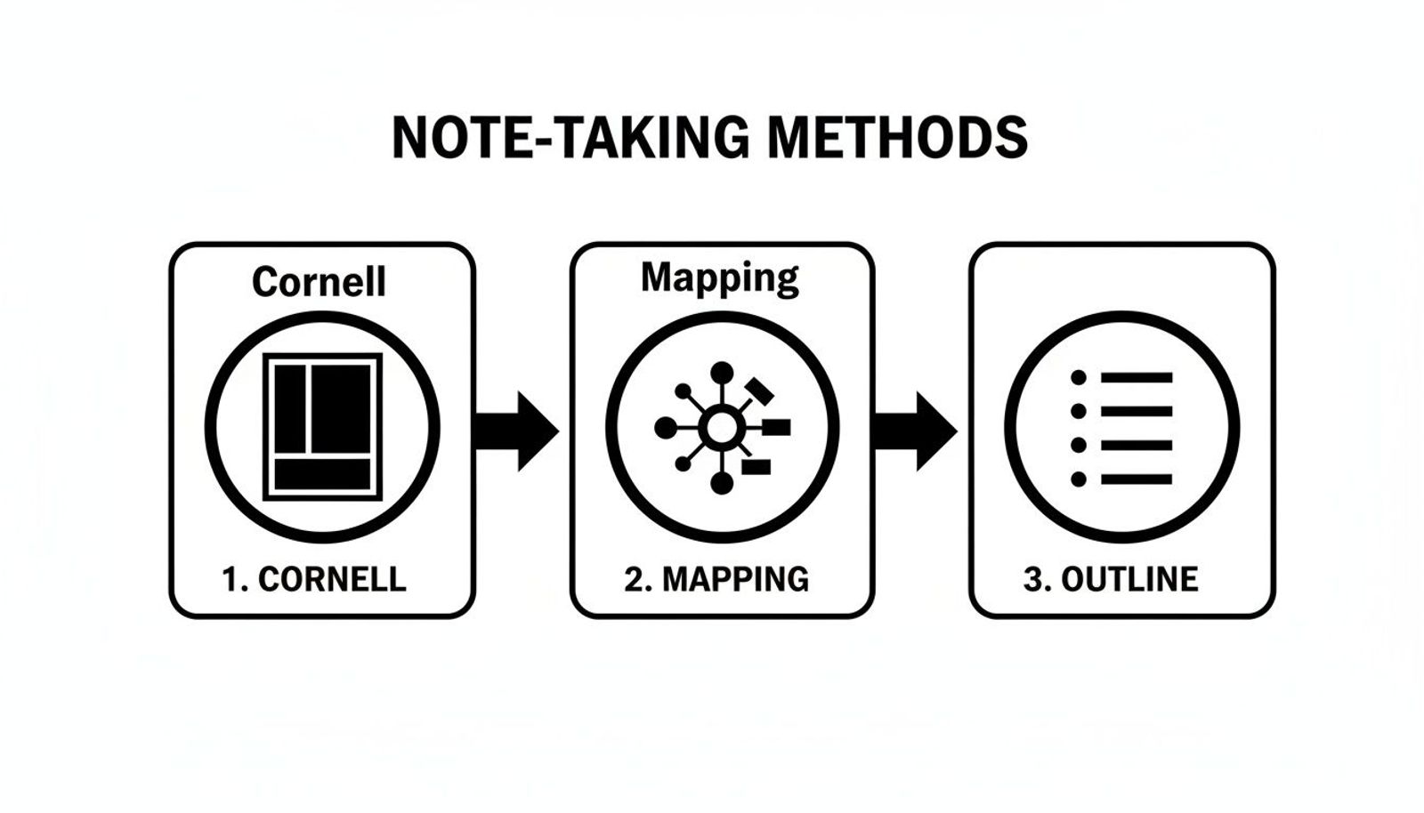 A diagram illustrating three note-taking methods: Cornell, Mapping, and Outline, with corresponding icons.