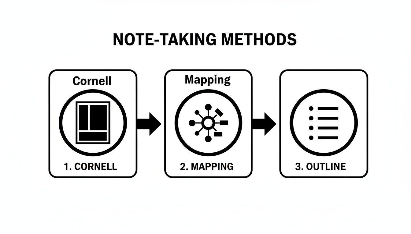 A diagram illustrating three note-taking methods: Cornell, Mapping, and Outline, with corresponding icons.